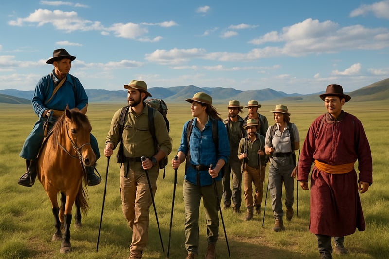 A group of travellers exploring the Mongolian steppe with local guides.