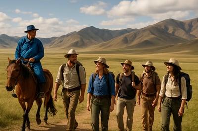 Travellers exploring the Mongolian steppe with local guides